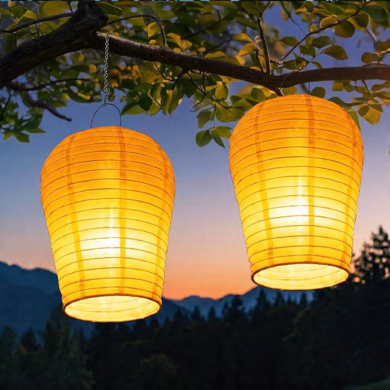 Set di 2 lanterne solari da appendere, 30 cm, in nylon, con effetto fiamma