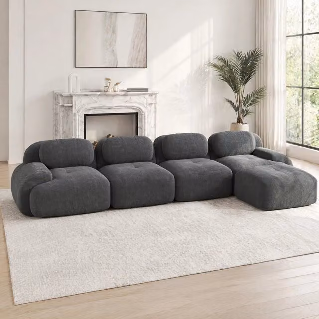 Divano angolare modulare senza telaio in tessuto effetto corduroy; grigio; 388x178x70 cm
