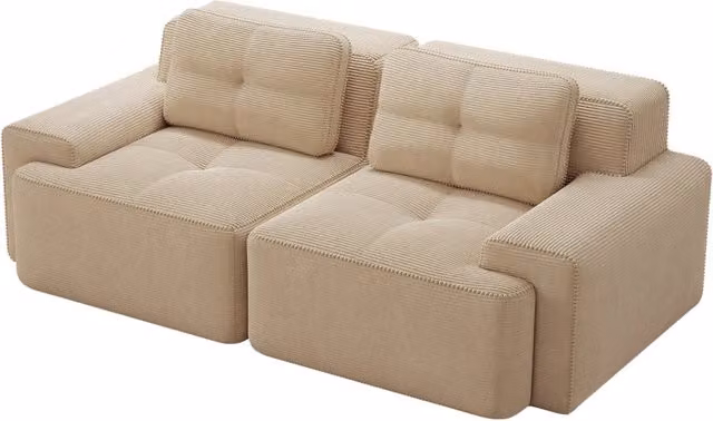 Divano modulare boneless in velluto beige con seduta profonda da 74 cm, design moderno per soggiorno
