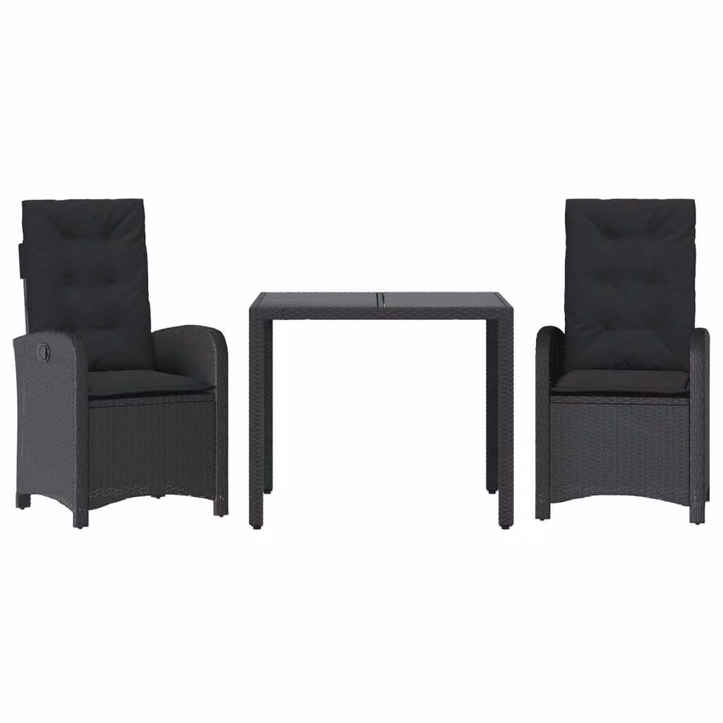 Set da Pranzo da Giardino 3 pz con Cuscini Nero in Polyrattan