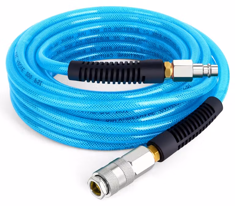 Tubo flessibile da 1/4" x 7,5 m, in poliuretano, colore blu, pressione massima 1,5 MPa, completo di raccordi