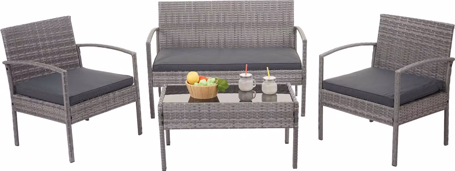 Set in poly-rattan HWC-F56, set da balcone/giardino/salotto ~ grigio, cuscini grigio scuro