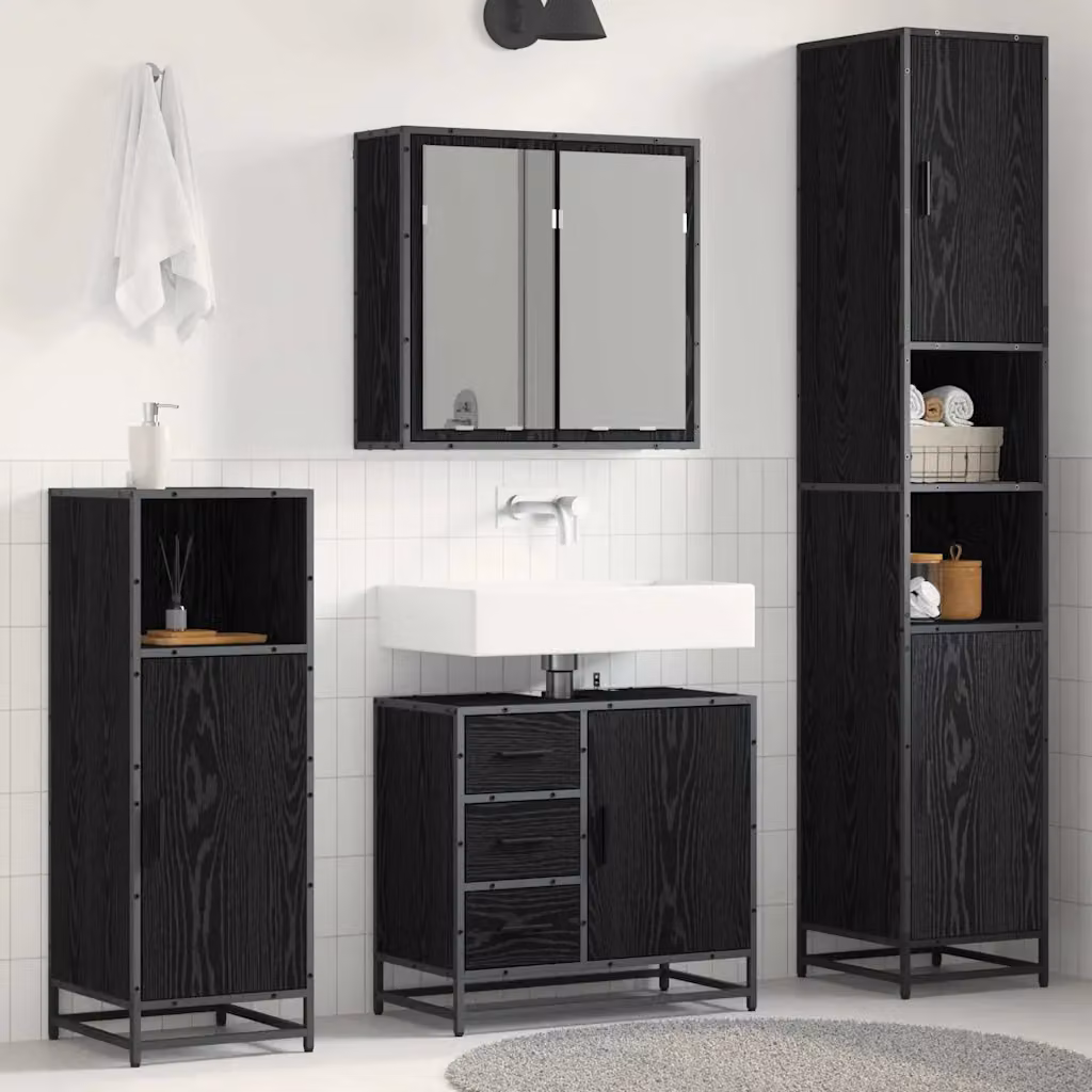 Set di mobili per il bagno moderno vidaXL 4 pezzi in legno e metallo nero opaco con armadietto a specchio, mobile lavabo, mobile laterale e colonna alta – 1