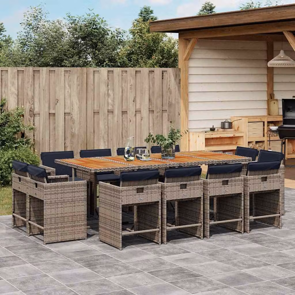 Set da pranzo da giardino vidaXL in polyrattan e legno di acacia da 13 pezzi con cuscini, colore grigio
