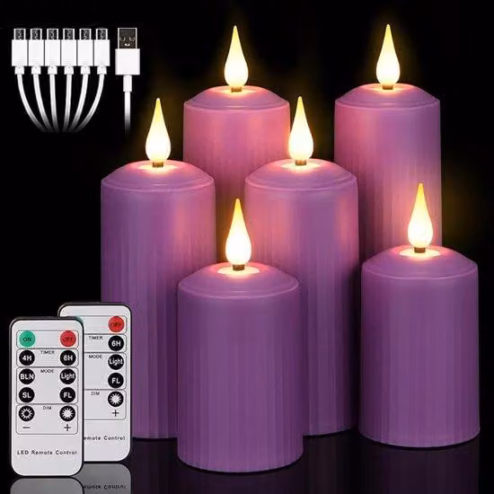 Luci LED elettriche con telecomando, controllo a 10 pulsanti, impermeabili, adatte per uso esterno, timer di durata 6-8 ore, forma a colonne romane, confezione da 6, colore viola, interfaccia USB-C.