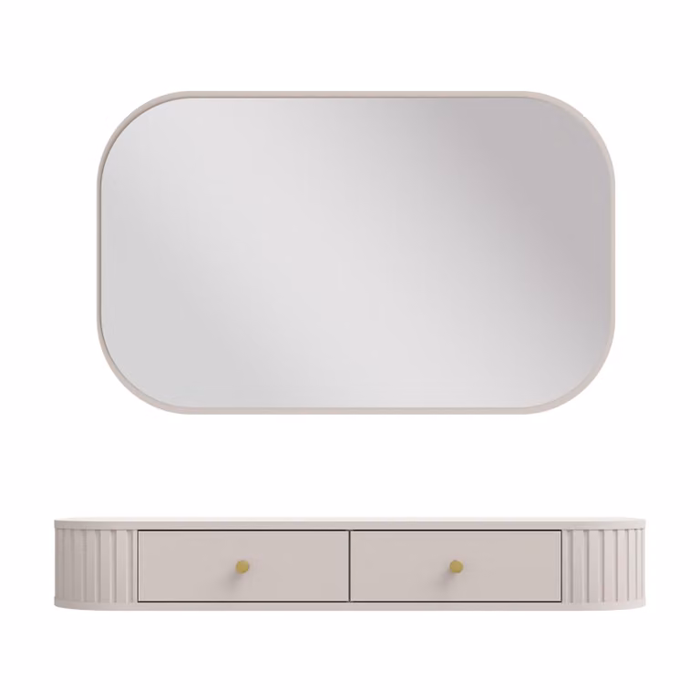 AX LIVING Toilette Halay Beige 2 cassetti con bordi arrotondati + specchio rettangolare