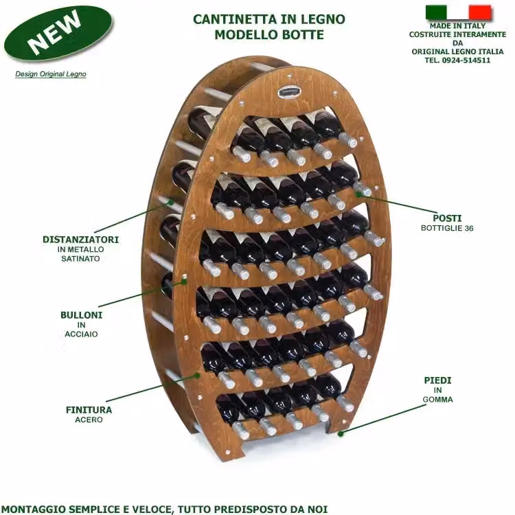 Cantinetta in legno Original Legno Italia modello Botte per 36 bottiglie di vino, finitura noce, L: 75 cm, P: 25 cm, H: 120 cm – 2