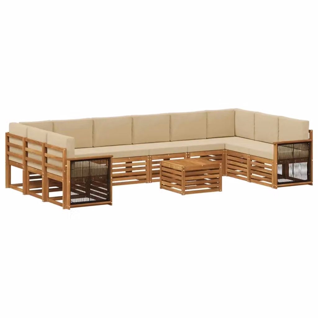 Set di divani da esterno a forma di U vidaXL in legno di acacia con cuscini beige e marrone composto da 11 pezzi con tavolino da caffè – 2