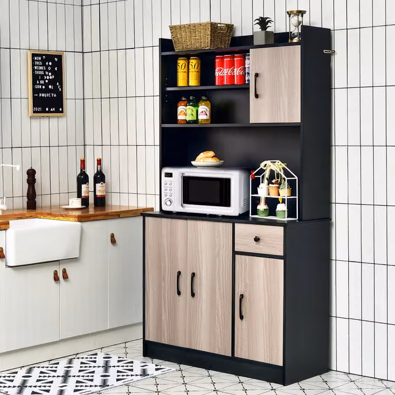 Armadio da cucina alto Costway con stazione di ricarica integrata, buffet moderno con vetrina in vetro e piano per microonde, Nero