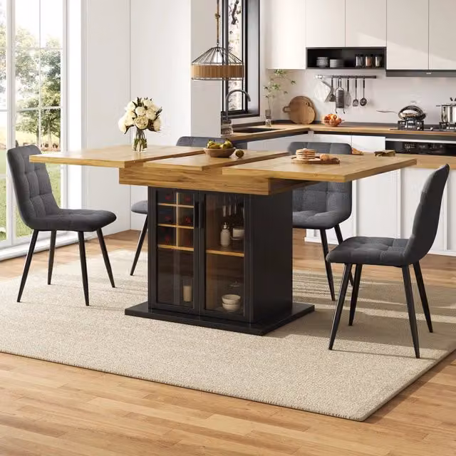 Tavolo da pranzo allungabile con portabottiglie removibile e anta in vetro temprato in MDF nero 110–140 × 80 × 76 cm