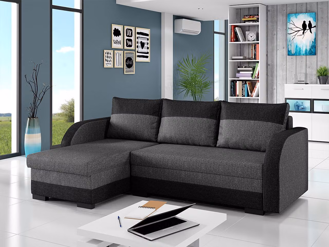 MIRJAN24 Divano ad angolo Korto, elegante divano angolare imbottito con contenitore e funzione letto, divano ad angolo del produttore, cuscini, soggiorno (Malmo 96 + Malmo 95)