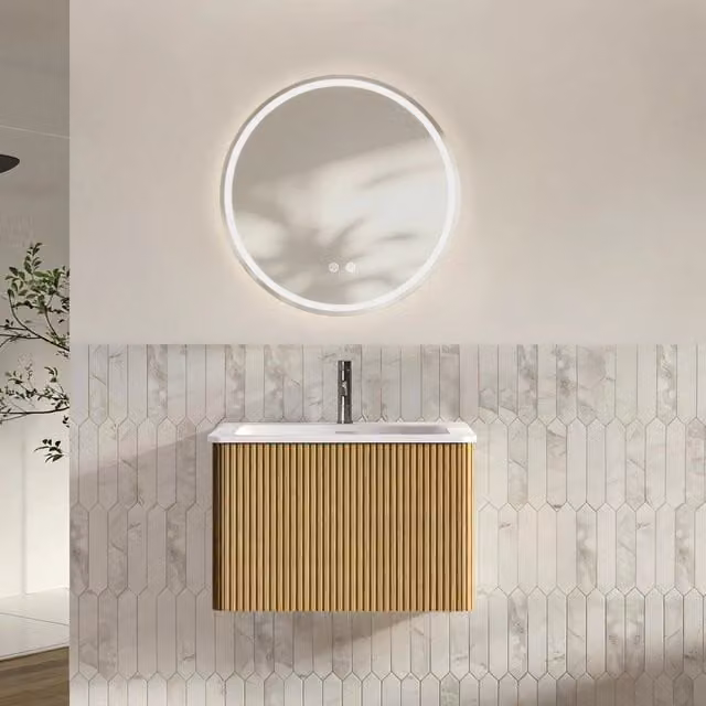 Set mobile bagno 60 cm: lavabo con mobile sottolavabo a 1 cassetto, armadio a muro striato color rovere, specchio LED tondo 60 cm, preassemblato