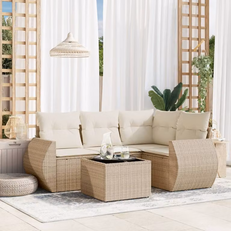 vidaXL Set Divano da Giardino 5 pz a L con Cuscini Beige e Tavolino in Polyrattan e Metallo