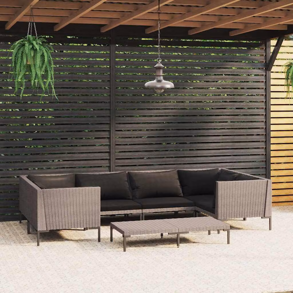 Set Divani da Giardino vidaXL 7 Pezzi con Tavolino e Cuscini in Polyrattan Grigio e Nero