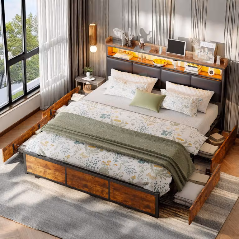 Letto imbottito Fortuna Lai 160x200 cm, letto per ragazzi a LED con ripiano, 4 cassetti, rete a doghe, PU, nero
