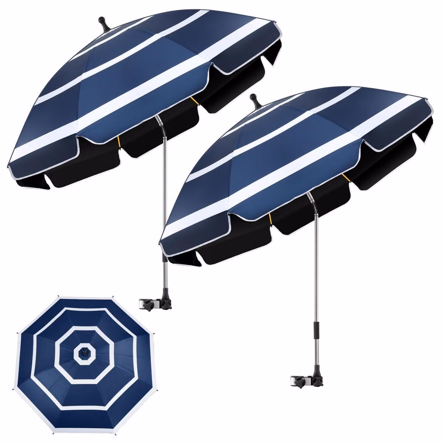 Confezione da 2 sedie da spiaggia, ombrellone da 124 cm, protezione UV UPF50+, rotazione a 360°, colore blu scuro/bianco
