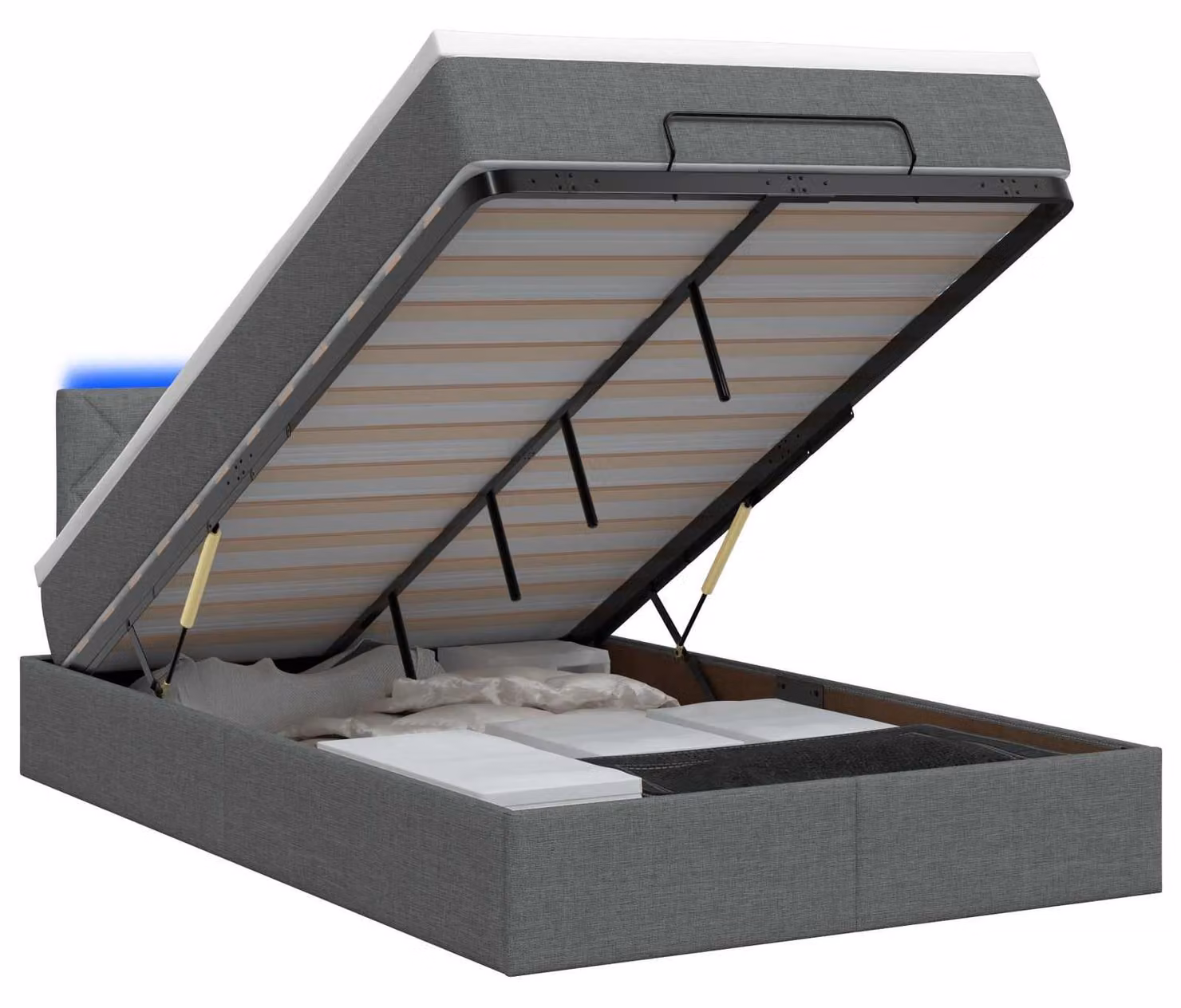 Panca contenitore con materasso e illuminazione LED, colore grigio scuro, dimensioni 120 x 190 cm, rivestita in tessuto