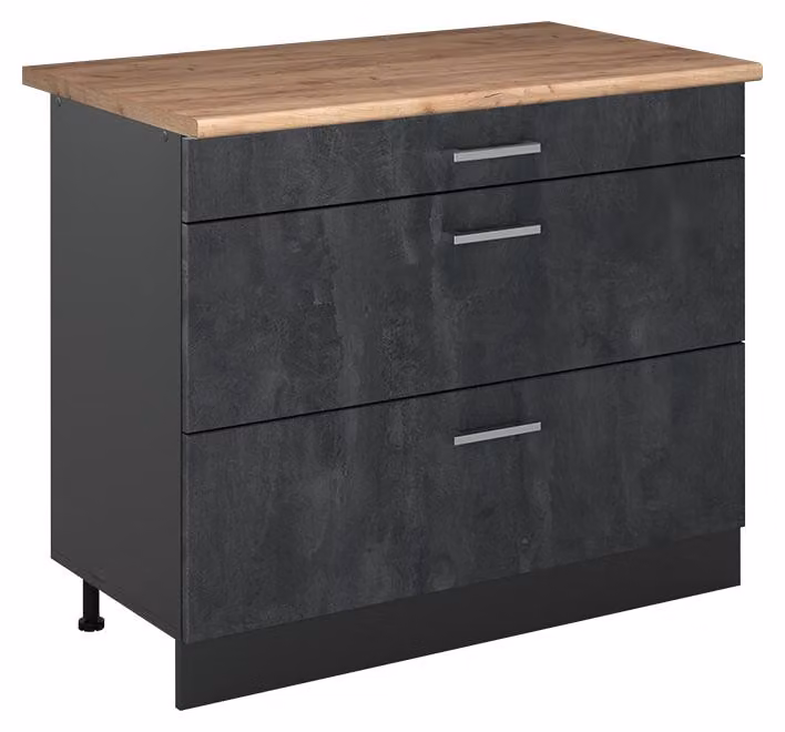 Mobiletto base per cucina Vicco R-Line Calce nera/Antracite 100 cm piano di lavoro Rovere dorato, Model 71580