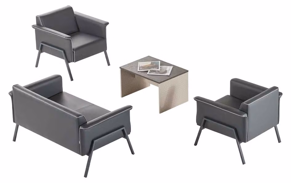 Dunkelgraue Arbeitszimmer Möbel Leder 2-Sitzer Holztisch 2x Sessel 4tlg
