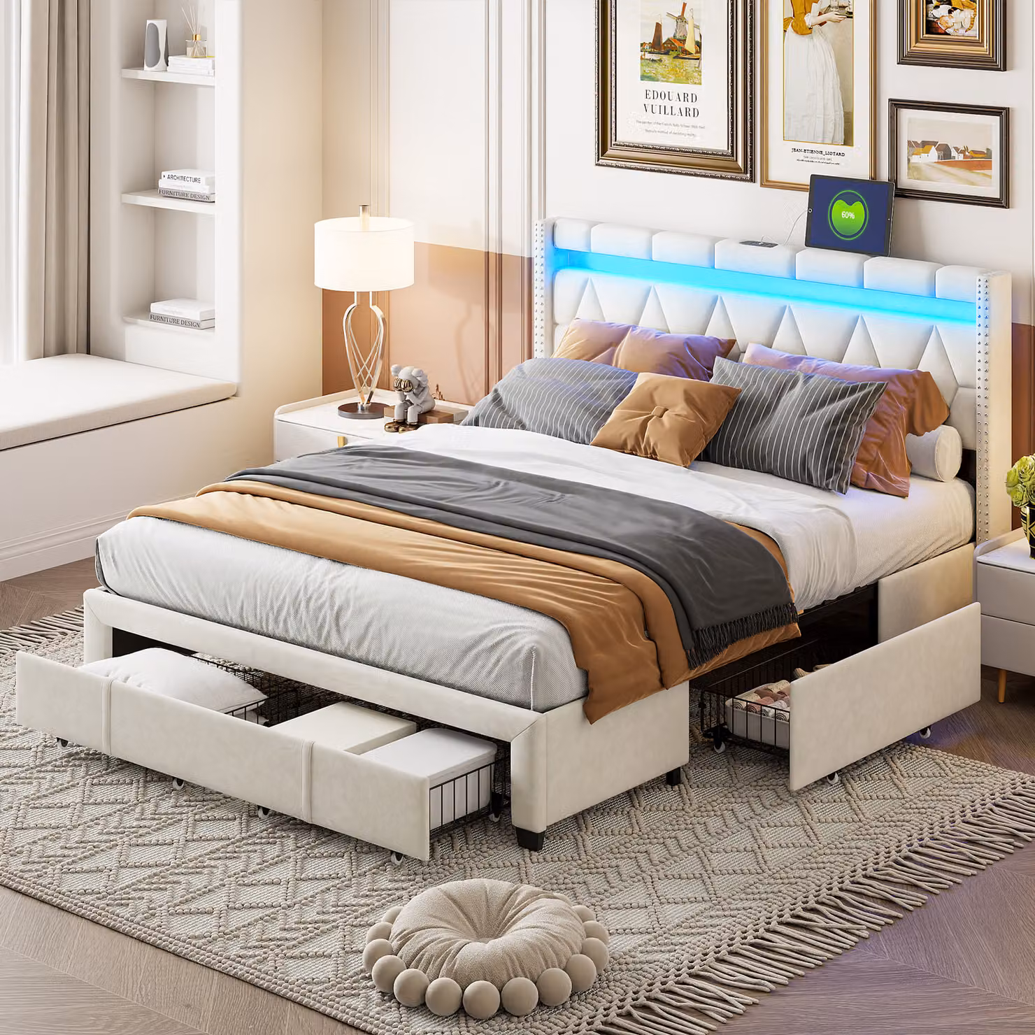 Letto Moonbite con contenitore, dimensioni 160x200 cm – seconda testiera a forma di diamante in lino beige con LED e USB, 4 cassetti in metallo, lino, beige