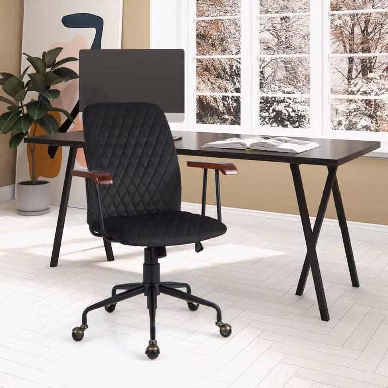 Sedia da ufficio girevole Costway in velluto nero con braccioli e ruote per home office