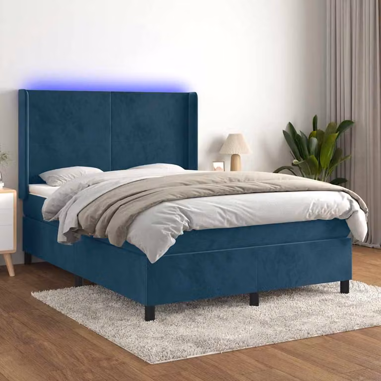 Letto Ibrido vidaXL con Materasso a Molle Insacchettate, Struttura in Velluto Blu e Legno, Illuminazione LED Sotto il Letto e Porta USB, L/P: 140 x 190 cm