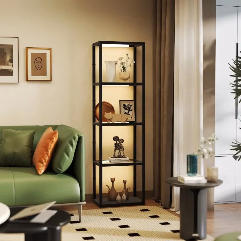 Lampada da terra a LED con ripiano a 4 livelli e scomparti in vetro, dimmabile, colore nero – 2