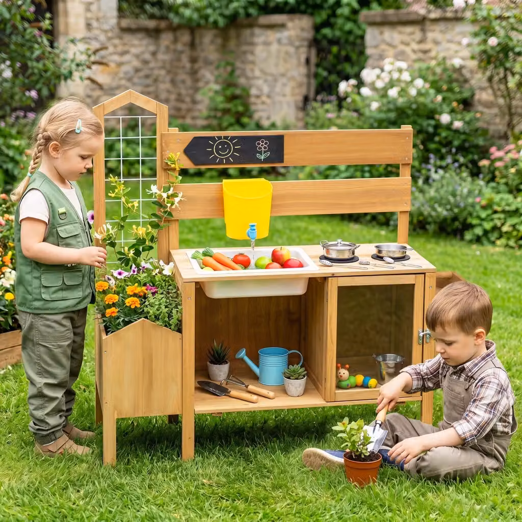 Cucina giocattolo interattiva per bambini con lavello e fioriera, design natura in legno e materiali resistenti, colore marrone, L: 95,5 cm, P: 35,0 cm, H: 106,0 cm – 2