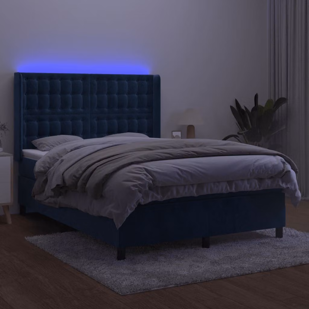 The Living Store Letto a molle con materasso e LED in velluto blu scuro 140x200 cm