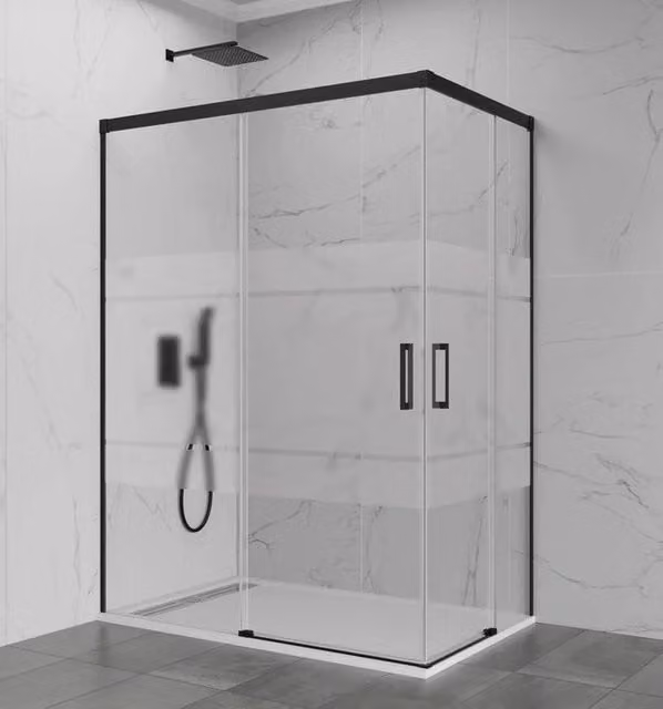 Box doccia angolare BASIC apertura al vertice 90x75 cm (85-90/70-75) nero opaco vetro satinato