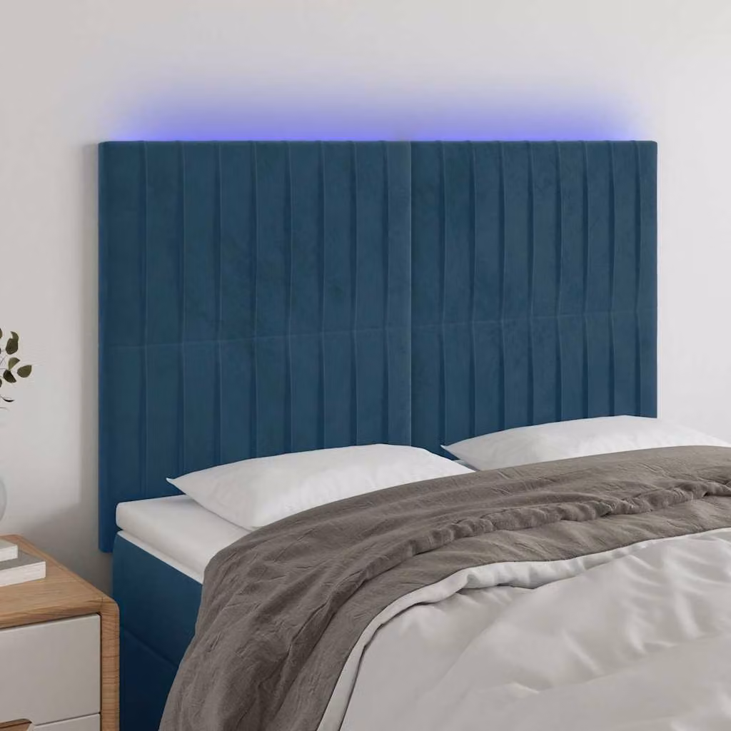Testiera per letto vidaXL in velluto blu con illuminazione LED integrata e porta di ricarica USB, L: 144 cm, P: 5 cm, H: 118-128 cm