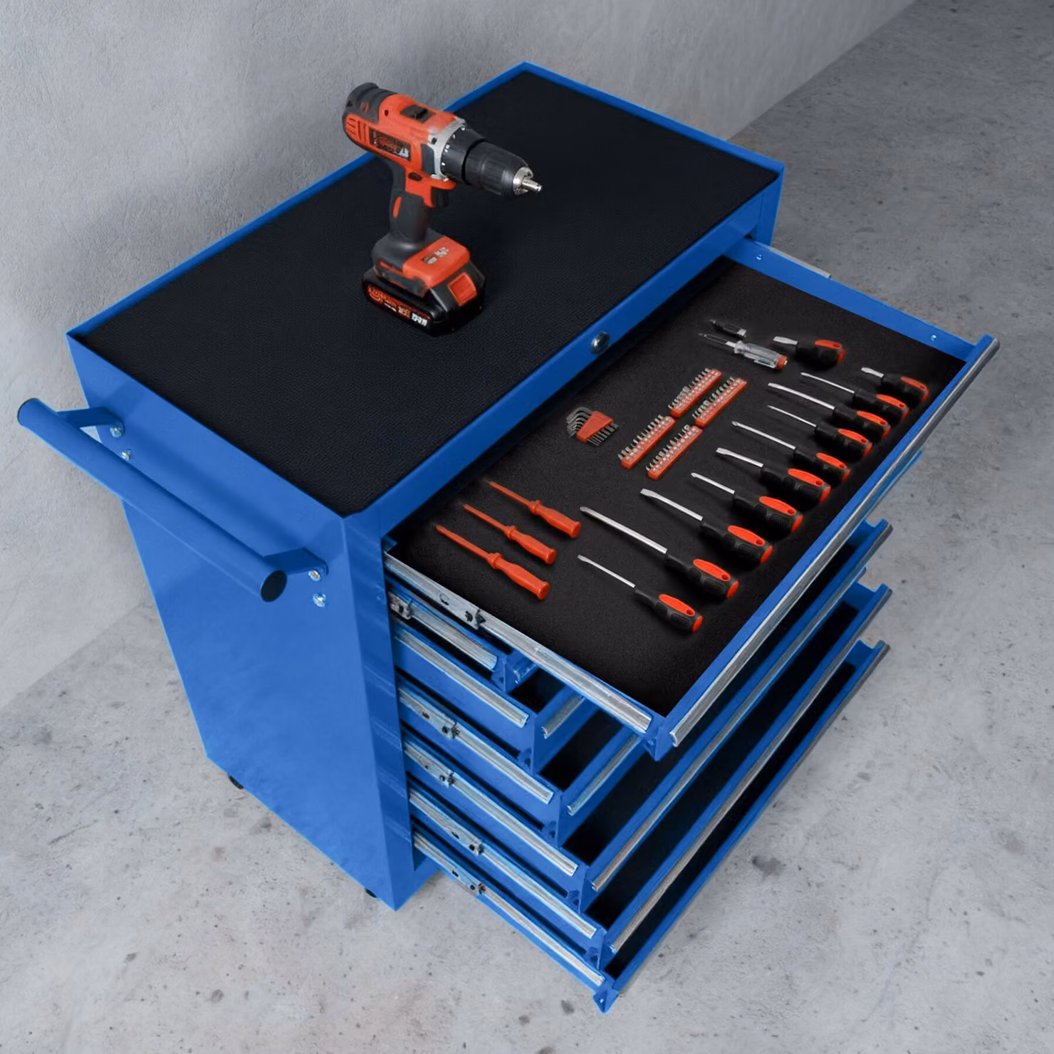 Carrello portautensili tectake con 7 cassetti chiudibili, ruote e piano di lavoro, blu – 2