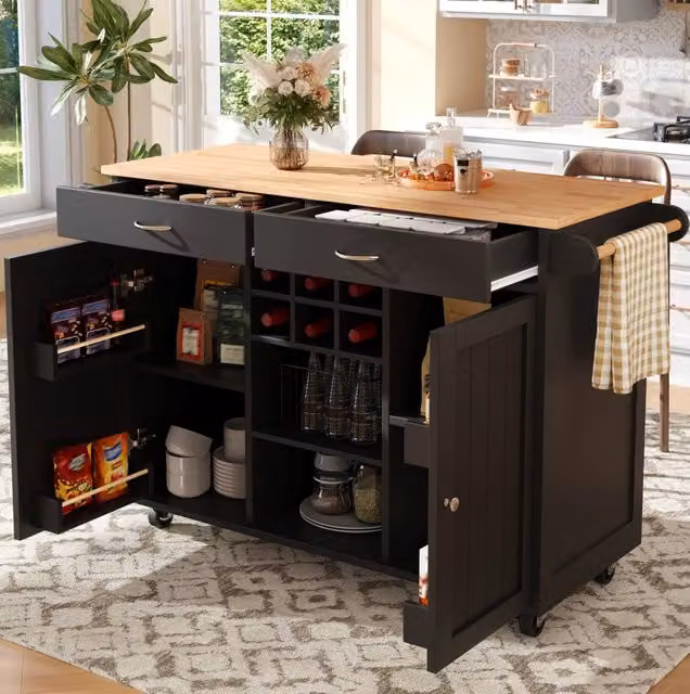 Isola da cucina mobile con portabottiglie, nera, 102×45×92 cm