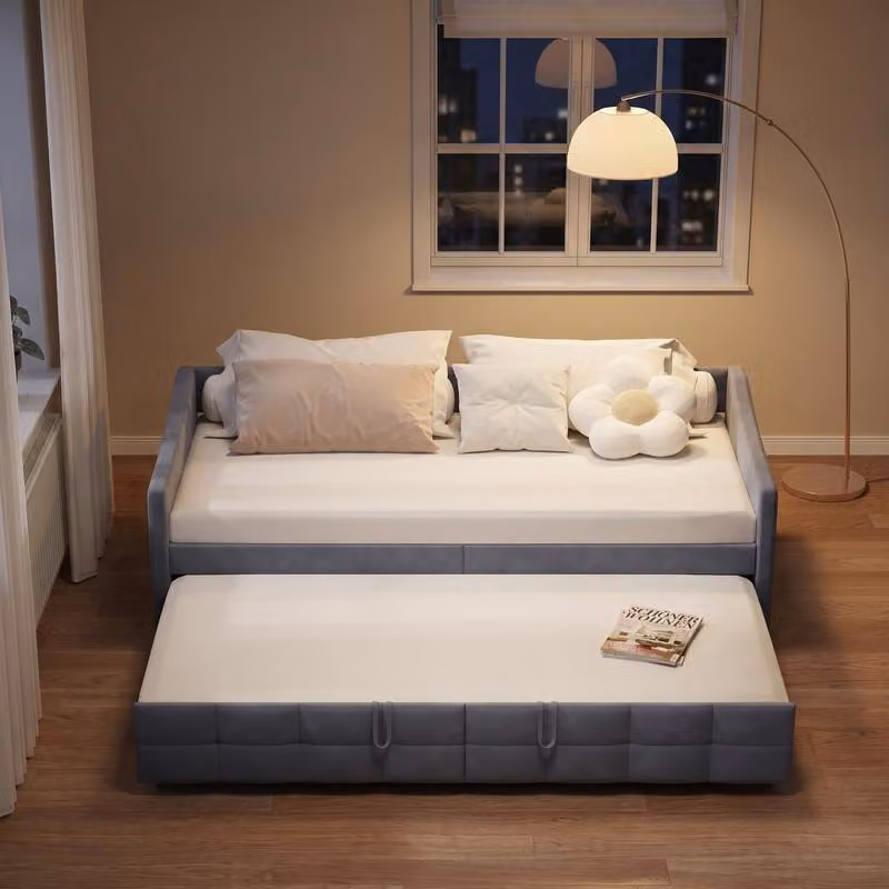Divano letto estraibile idraulico ProximaX 90x200 cm per monolocali, home office e camere degli ospiti, rivestimento in velluto, grigio