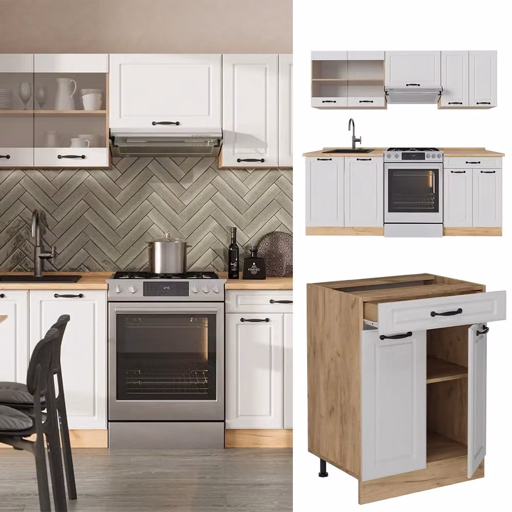Cucina componibile R-Line Vicco in stile country house, Bianco rustico e Rovere dorato, L: 200 cm – 2