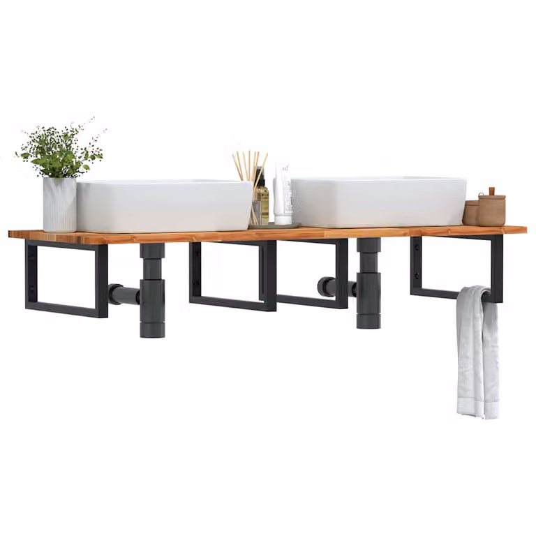 vidaXL Ripiano a Parete per Lavabo in Accacia e Metallo, Nero e Marrone, L: 50 cm, P: 22 cm, H: 5 cm
