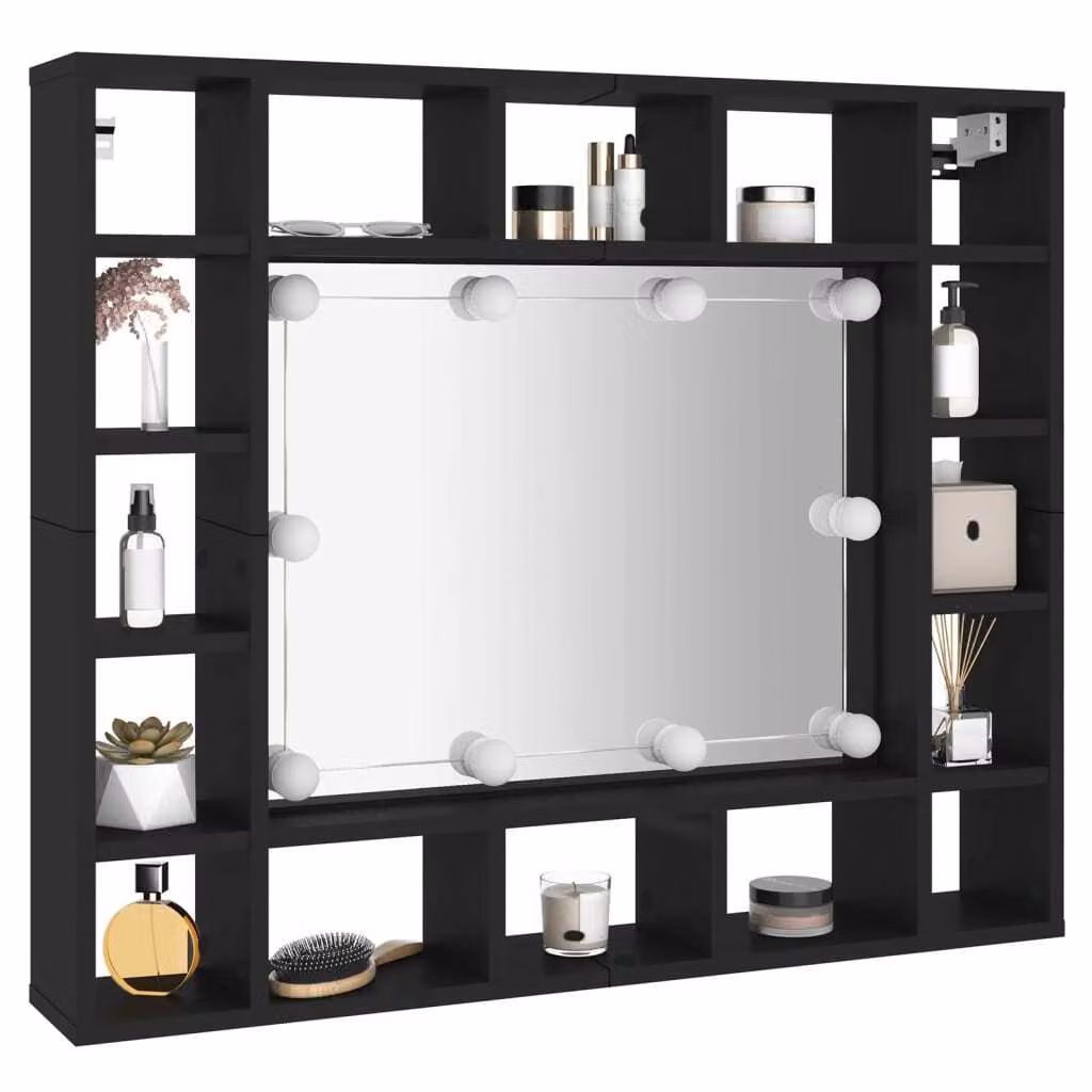 Armadietto a Specchio con LED Nero 91x15x76,5 cm