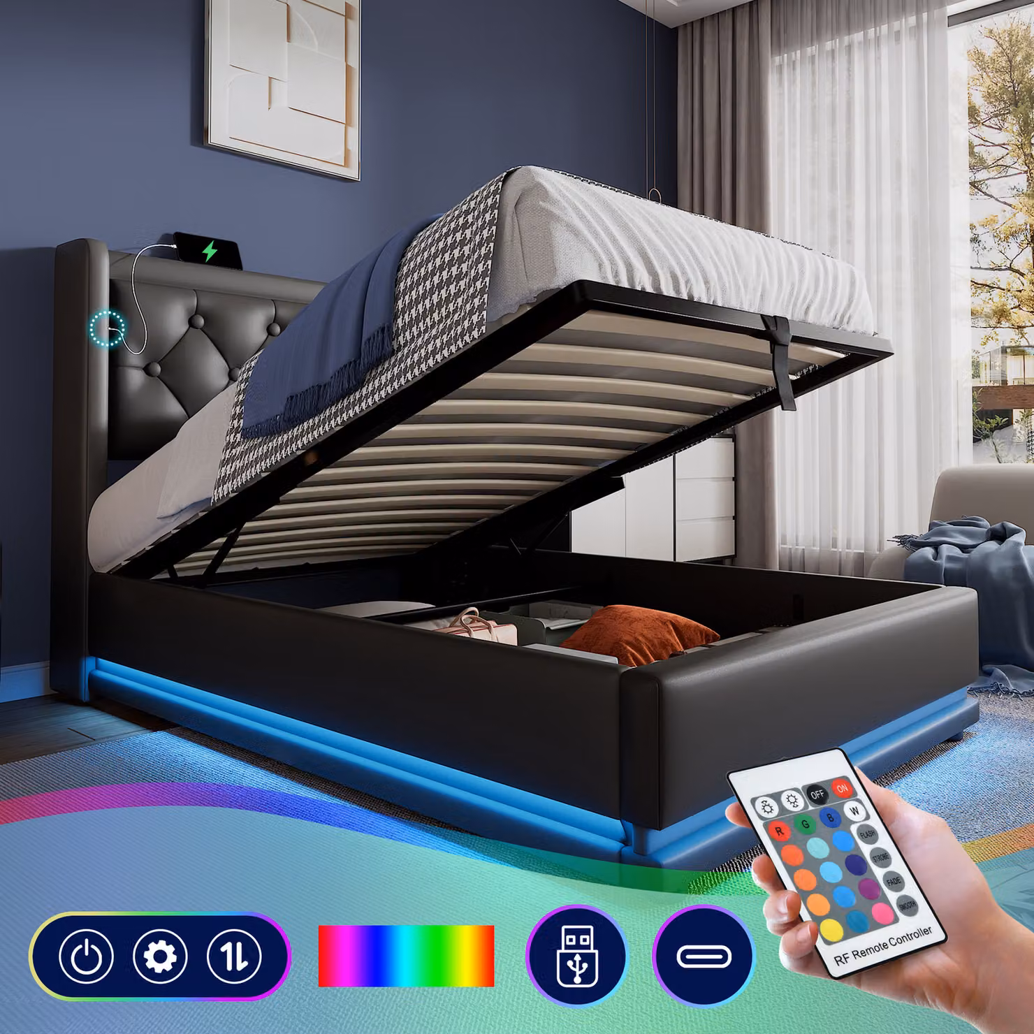 Letto imbottito Sweiko letto singolo 90*200 cm, materialePoliuretanonero Letto contenitore idraulico, testata imbottita con funzione di ricarica USB tipo-C, funzione LED su 3 lati (senza materasso)