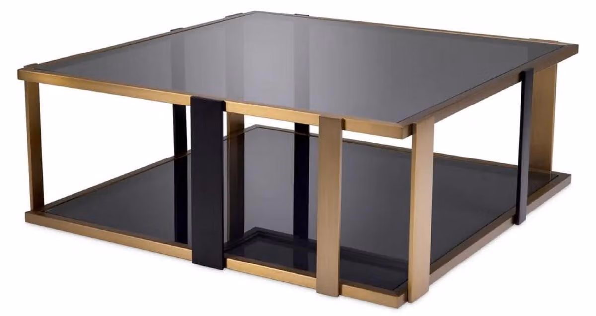 Tavolino Casa Padrino ottone / nero / grigio 102,5 x 102,5 x h. 38 cm - Tavolo da salotto quadrato con piano in vetro - Mobili da salotto - Mobili per hotel - Mobili - Qualità lusso