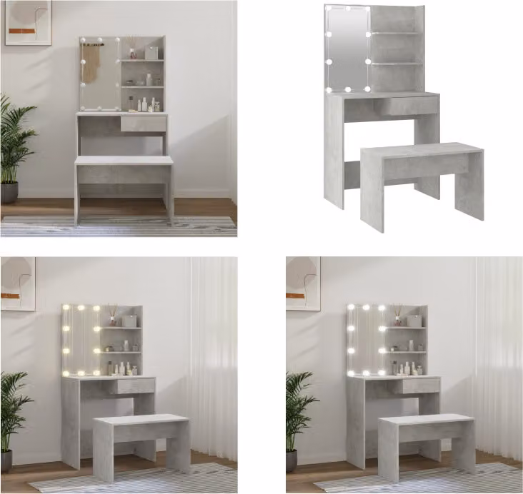 vidaXL Set tavolo da toilette con LED in legno grigio cemento - Set tavolo da toilette con LED - Set tavolo da toilette con LED - Set tavolo da toilette - Tavolo da toilette con specchio
