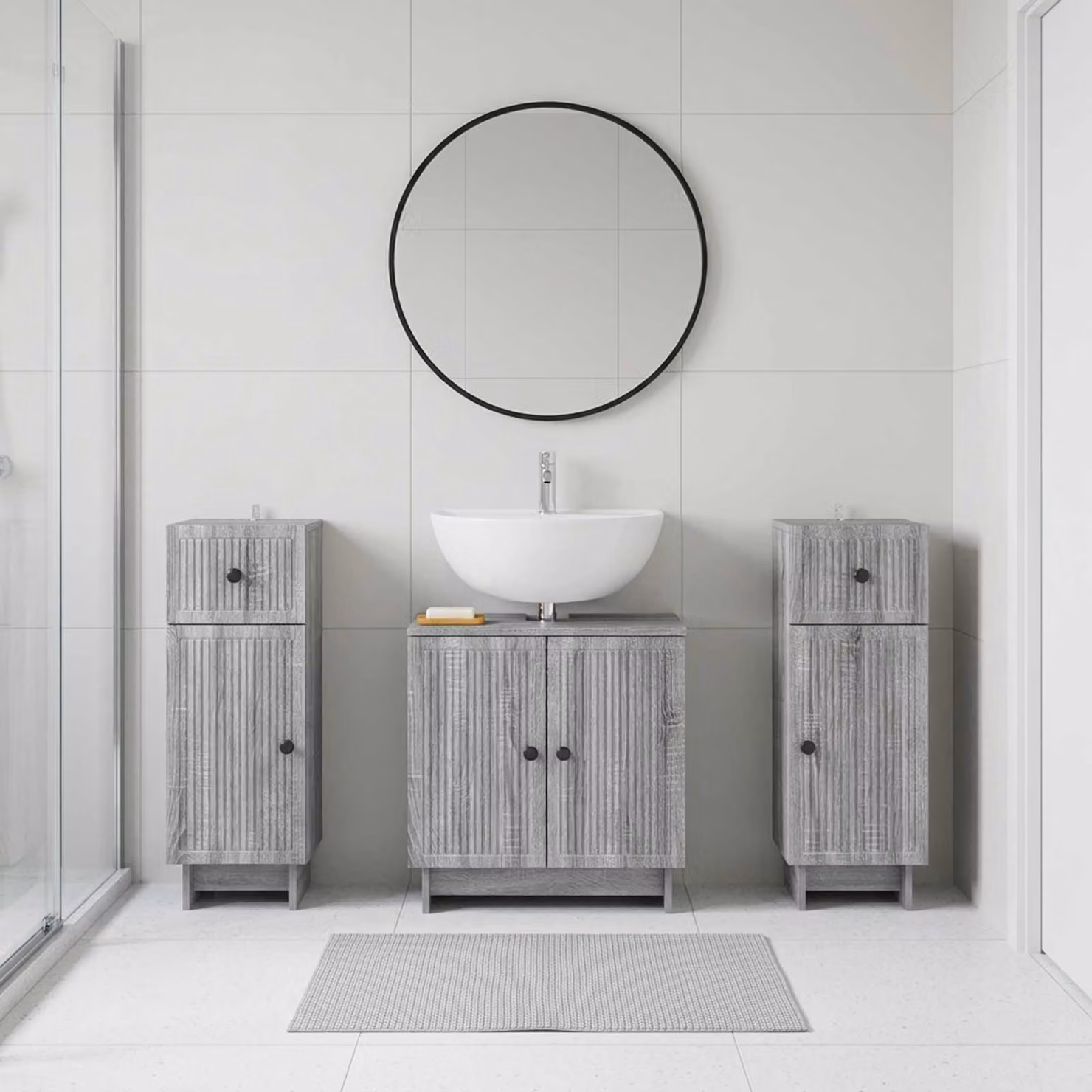 Set di mobili da bagno vidaXL EDE in 3 pezzi color grigio con piano lavabo e armadietti laterali