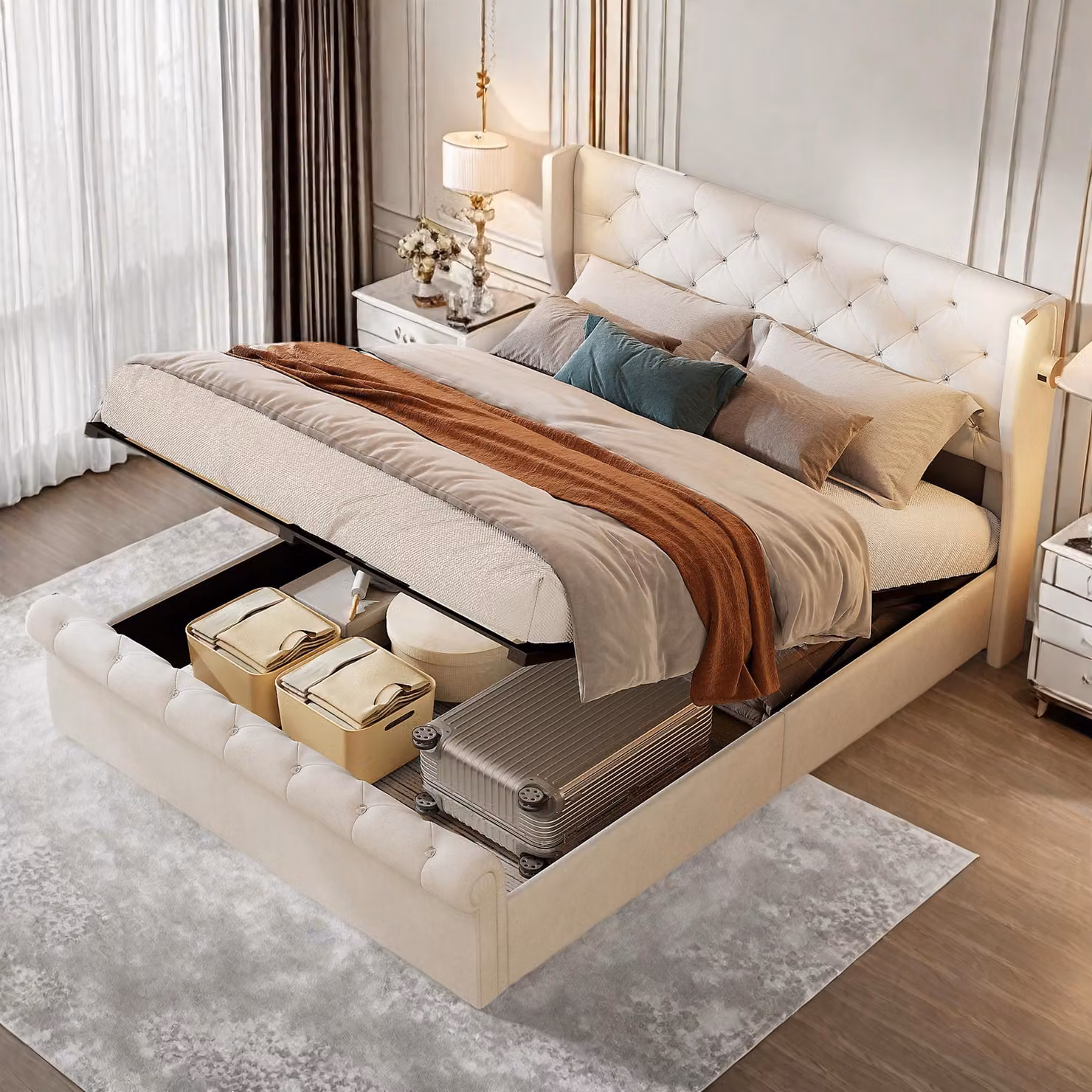 Letto imbottito ProximaX con contenitore idraulico 160x200 cm in velluto beige - letto matrimoniale con illuminazione a LED sulla testata, design elegante e ampia base del letto per un ulteriore spazio di archiviazione