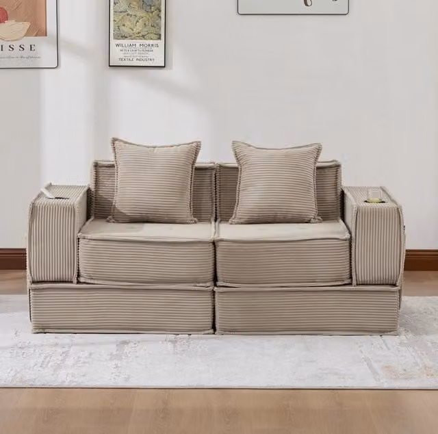 Pouf sofa modulare in velluto a coste con cuscini; 162x78x66 cm; kaki