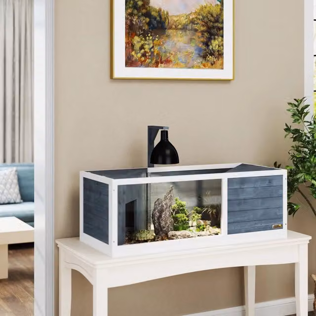 Desviae Recinto per tartarughe con 2 casette e area gioco in legno grigio 120 × 50 × 40 cm con supporto per lampada