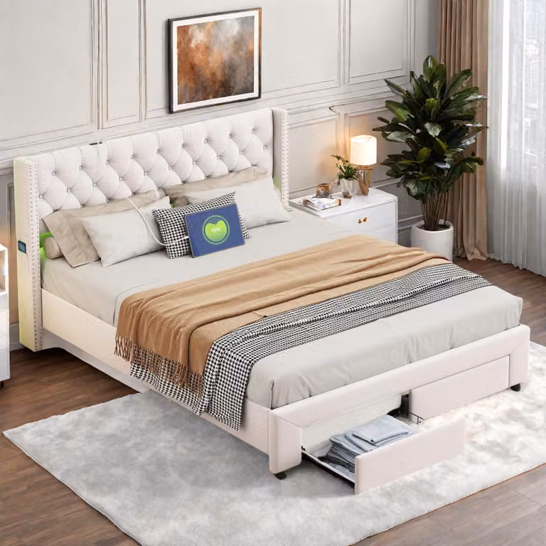 Letto imbottito Fortuna Lai 160x200 cm con contenitore e cassetti, Letto a cassettone con LED e USB, Letto imbottito con contenitore, Velluto beige