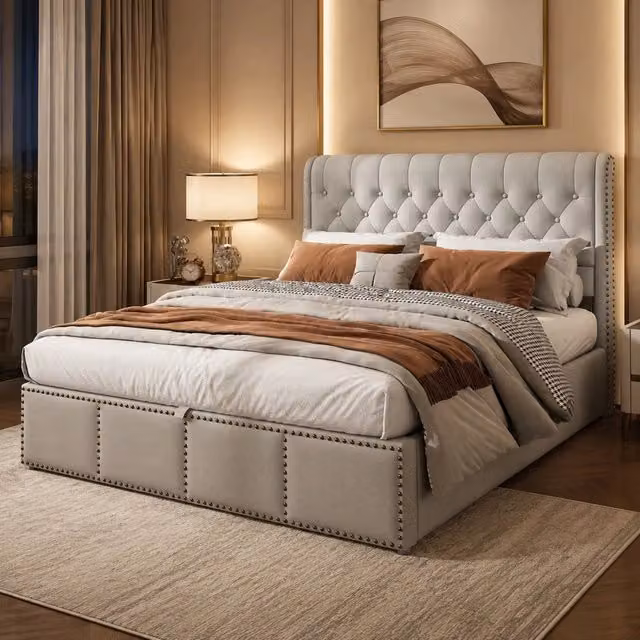 Letto matrimoniale 140x200 cm con contenitore; rivestimento in lino; grigio