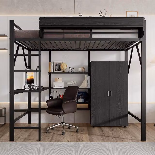 Letto mezzanino-Xylo-140x200cm ferro+MDF 2 livelli ripiano scrivania nero