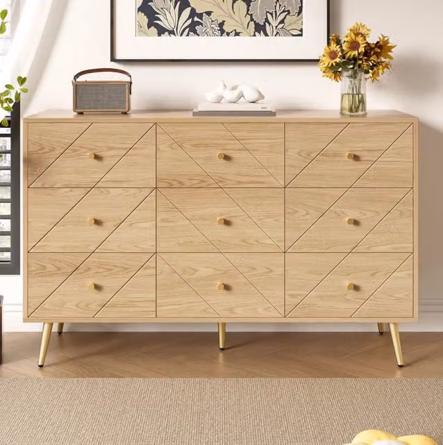 Cassettiera con 9 cassetti 120x39x80 cm in truciolare color naturale con gambe in ferro