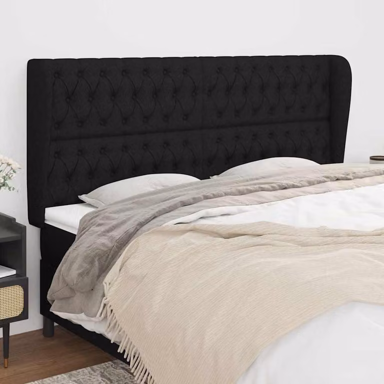 Testiera ad orecchio vidaXL in tessuto nero con struttura in legno, L: 183 cm, P: 23 cm, H: 118/128 cm