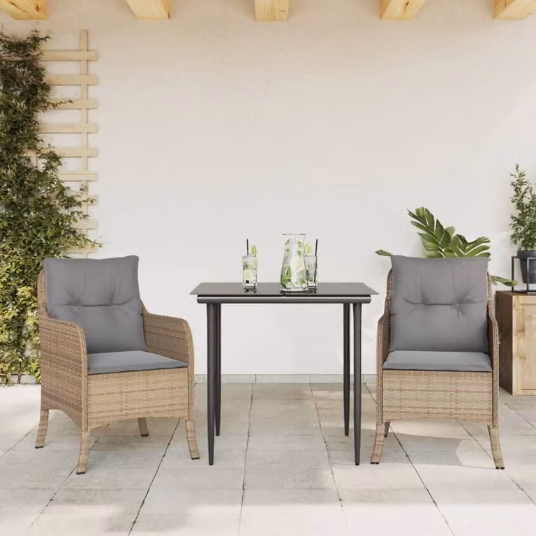 Set da Pranzo da Giardino 3 pz vidaXL in Polyrattan con Cuscini Beige e Tavolo in Vetro
